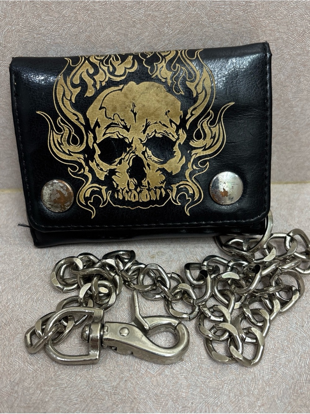 Black Faux Leather Biker Chain Wallet Skull & Flames Snap Coin Zip ID Pic Slot